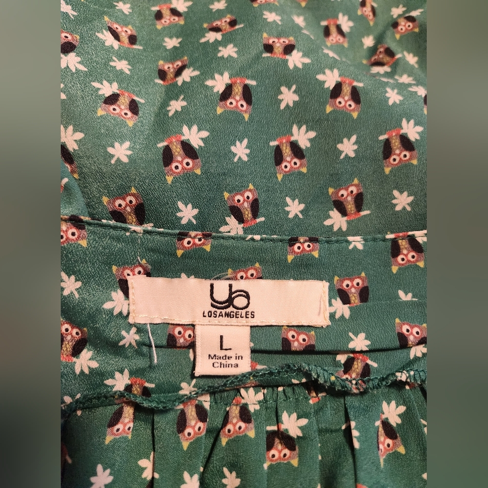 Vintage Green Owl Print Fit And Flare Silk Blend Ruffle Hem Sundress Large L EUC - Picture 6 of 7